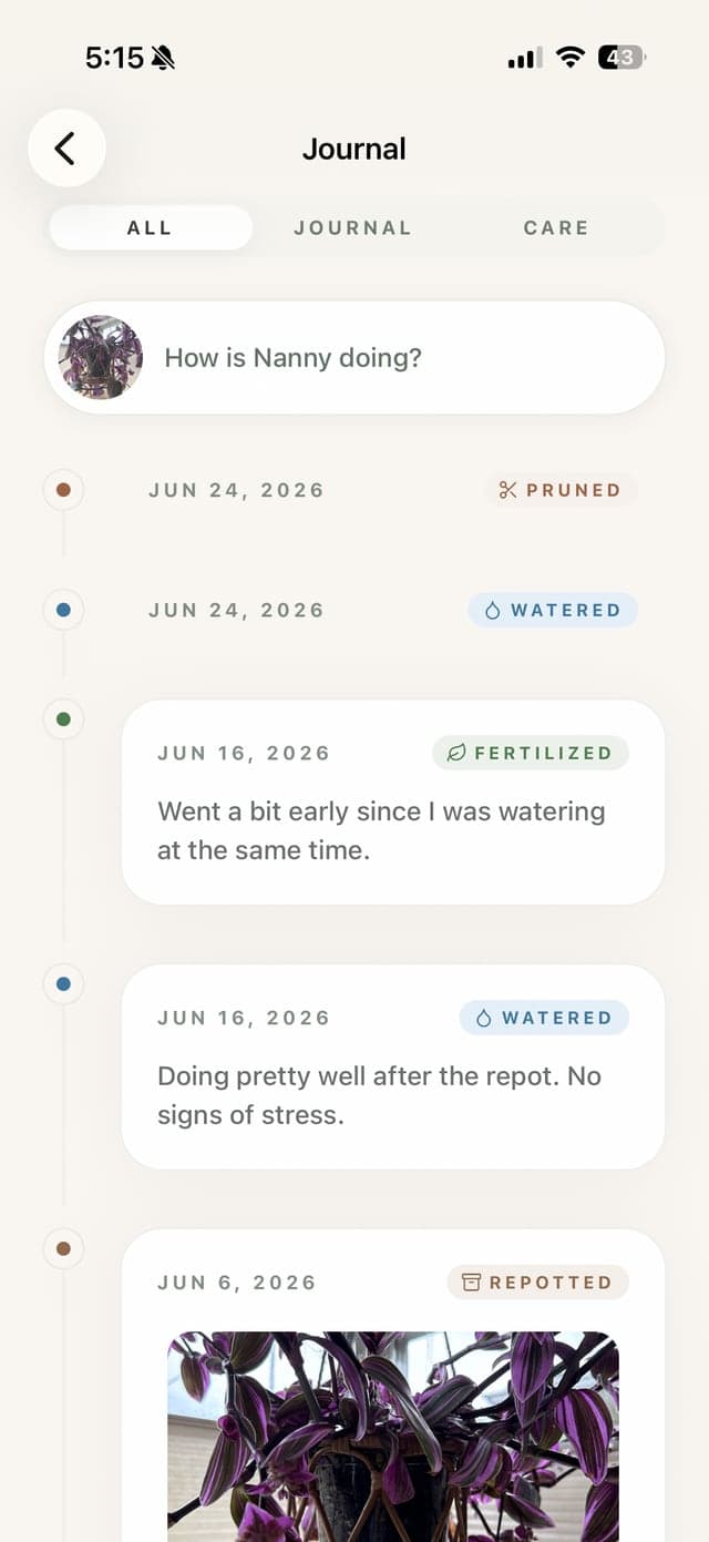 A plant's journal in Canopy with watering, fertilizing, and repotting entries